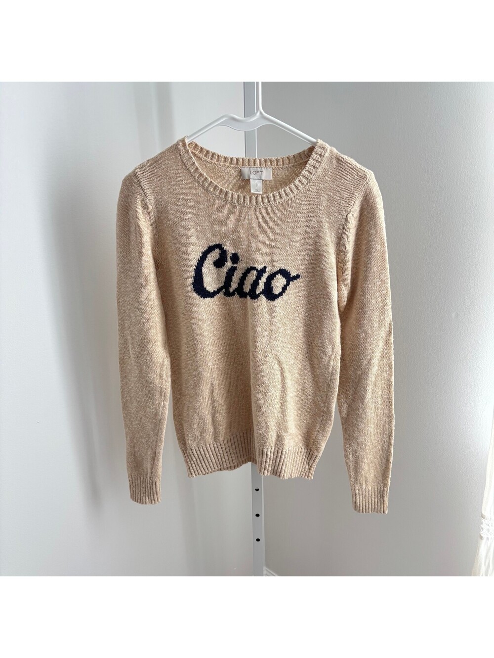 Loft NWOT Women's Cream Crewneck "Ciao" Sweater Size XS